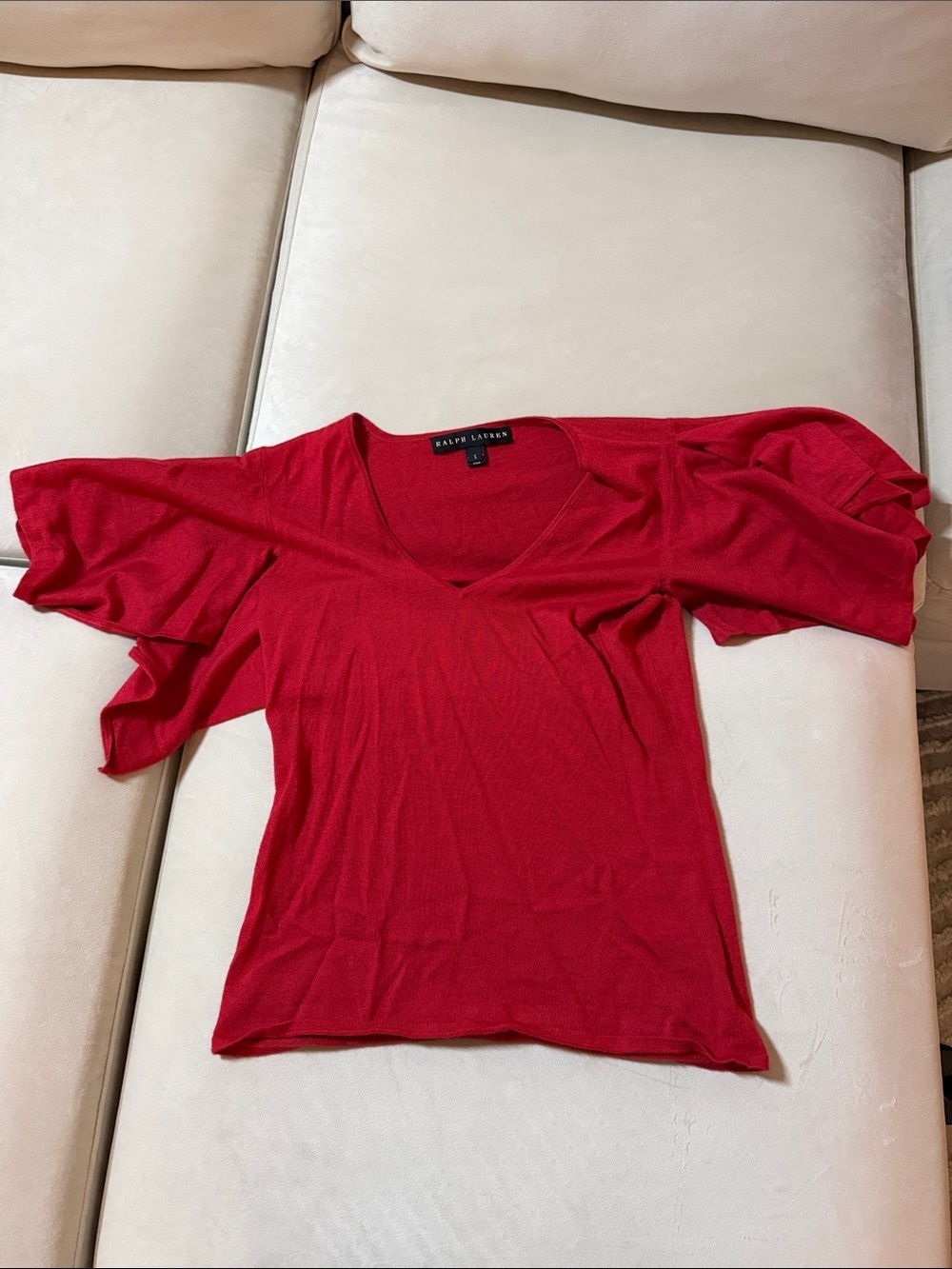 Ralph Lauren Bright Red V-Neck Flutter Sleeve Top